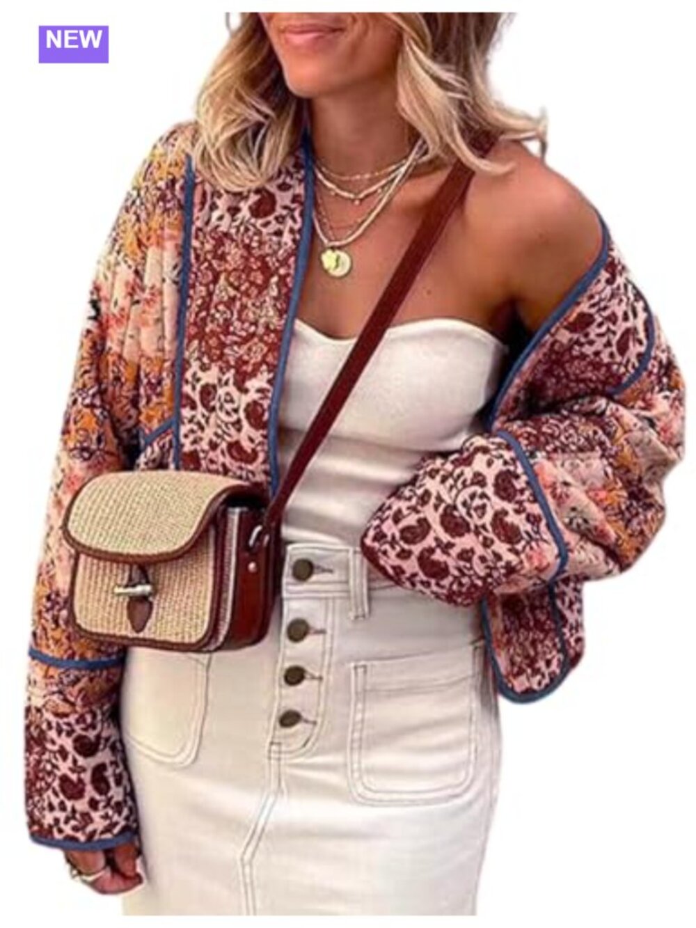 Reversible Floral Quilted Jacket Crop Open Front Puffer Coat